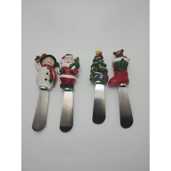 Set of 4 Handpainted Holiday Spreaders Snowman Santa Tree Stocking Christmas - Picture 3 of 8